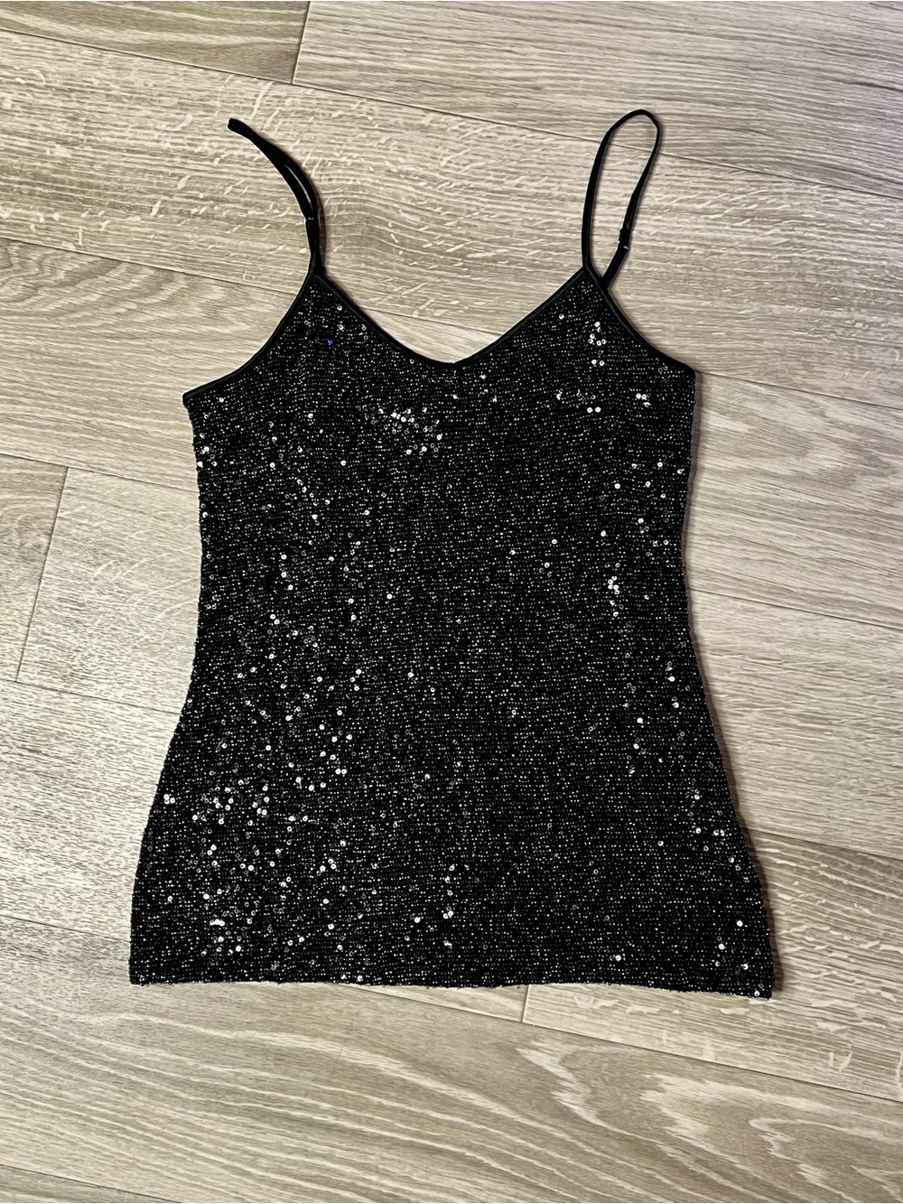 Black Sequin Spaghetti Strap Tank Top